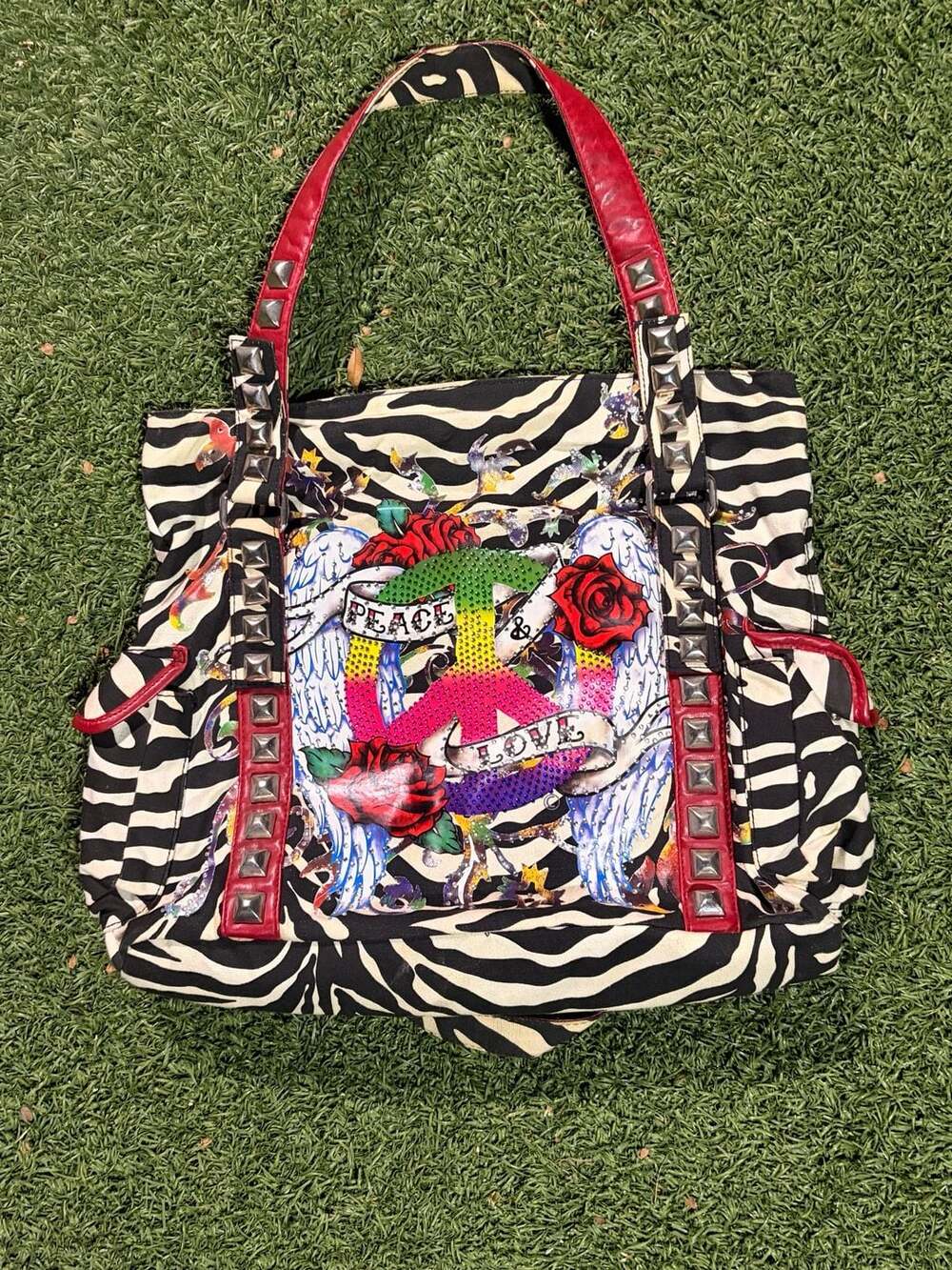 Cocos Brand Zebra Print Peace & Love Studded Shoulder Bag